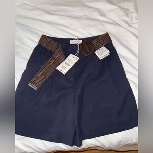Zara Navy High-Waist Shorts with Brown Woven Belt